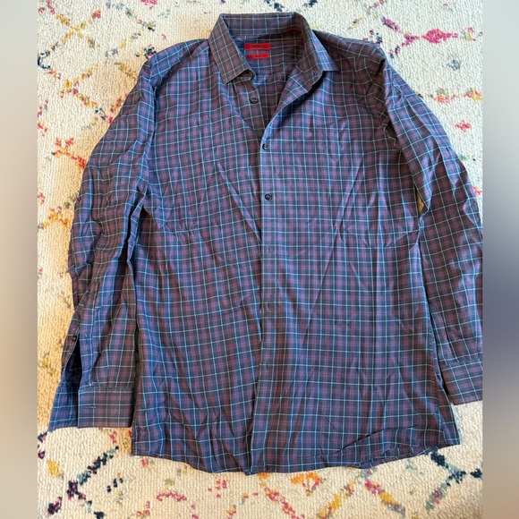 Hugo Boss Blue and Red Checkered Slim Fit Button Down Shirt Collar Size 15 - Picture 1 of 4